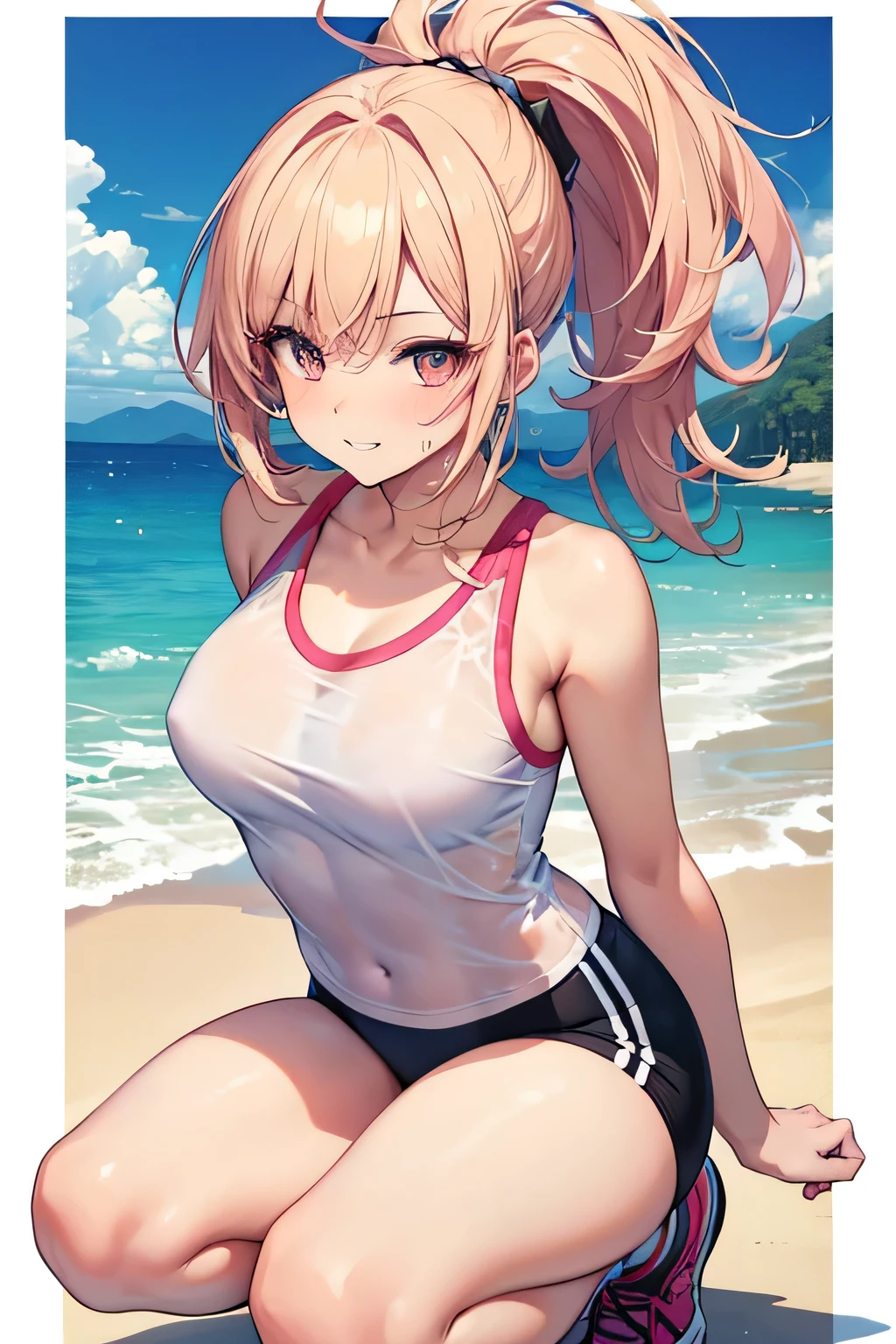 Ultra realistic 7 year old girl, pigtail hair golden, top regular breasts, sexy, smug face, sonrisa ganadora, posando, aula, sentada, nice view, mojada, (sudada), concentrada, volleyball, tight panties, inclinada, sport bra, exposed breasts, no panties, bosom barely contained, full body, defined, pezones excitados, panties ligeramente caida, over average good bosom,