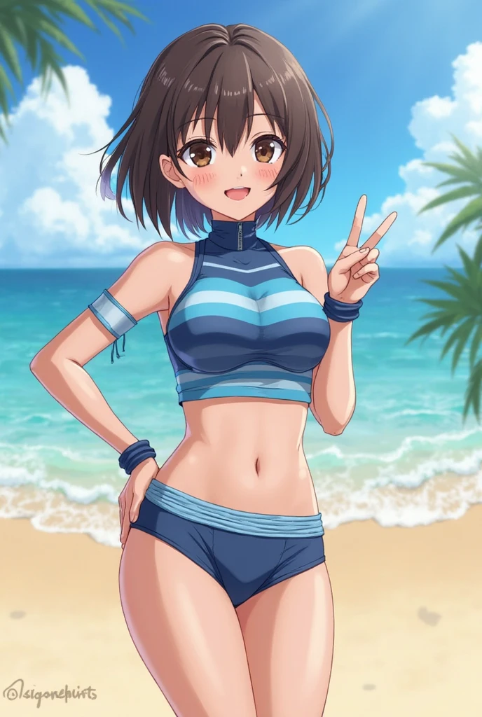 <lora:Miharu_Hirano_Tekken-10:1>outdoor,beach,ocean,high quality,Masterpeace,Miharu_Hirano_Tekken, 1girl, solo, short hair, brown hair, navel, cleavage, brown eyes, medium breasts, bikini, striped, bracelet, short shorts, sandals, bikini top only, blue shorts, denim shorts, hat, sunglasses, heart-shaped eyewear, full body,standing,hand on hip