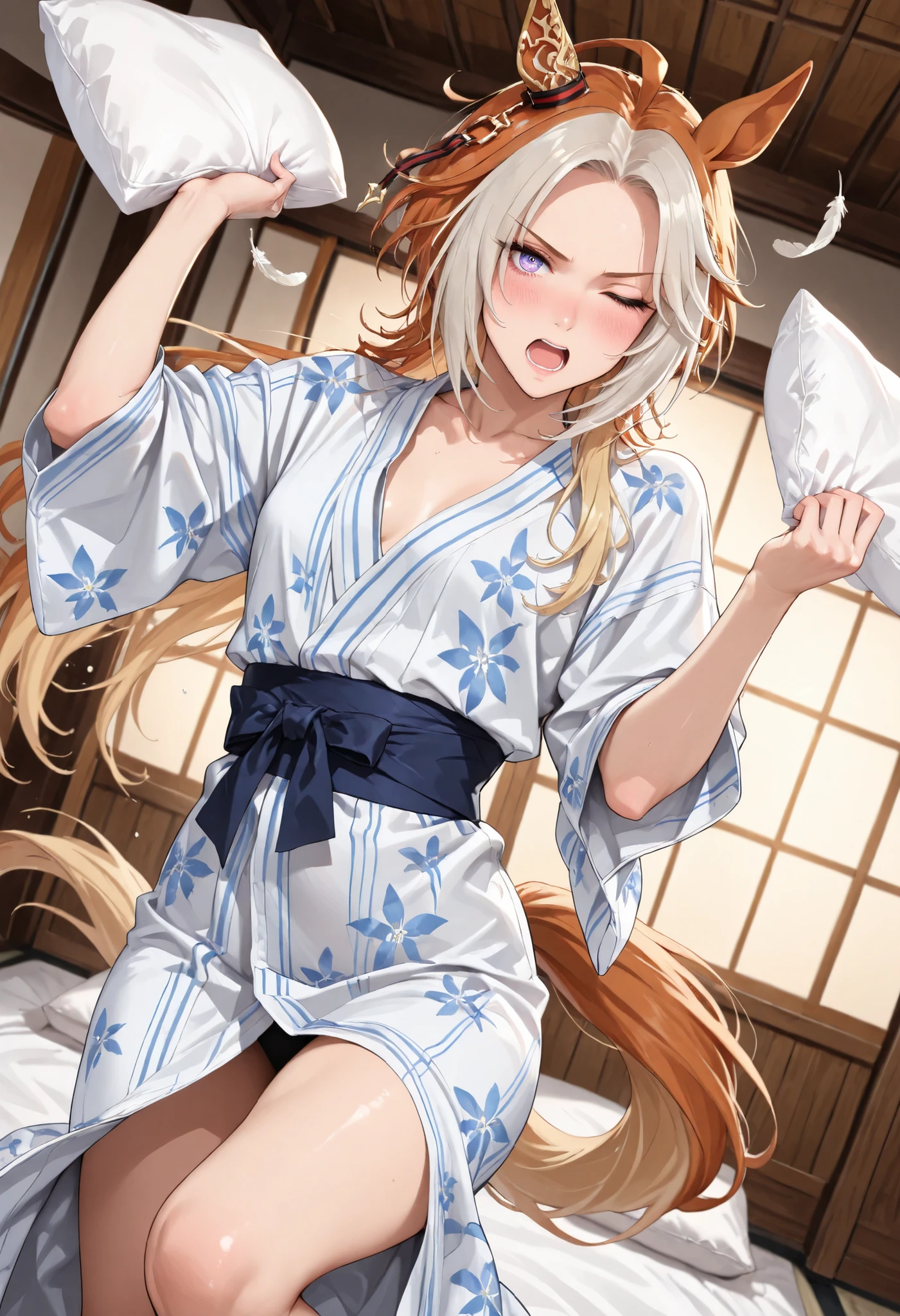 (masterpiece, best quality, perfect face:1.4), wide angle, orfevre\(umamusume\), 1girl, symbol-shaped pupils, floating hair, single ear ornament, gold hair ornament, horse ears, horse tail, tail on the lower back, proportional body, proportional, beautiful hair, beautiful face, beautiful detailed eyes, beautiful clavicle, beautiful body, beautiful chest, beautiful thigh, beautiful legs, beautiful fingers, looking at viewer, BREAK, onsen yukata, indoor, onsen, ryokan, bedroom, futon, (Pillow Fight), intense pillow fight, feathers flying, bright lighting, dynamic action, cozy atmosphere, BREAK, embarrassed, blush, open mouth, laughter, one eyed closed, textured skin, realistic skin, HDR, BREAK, good hands