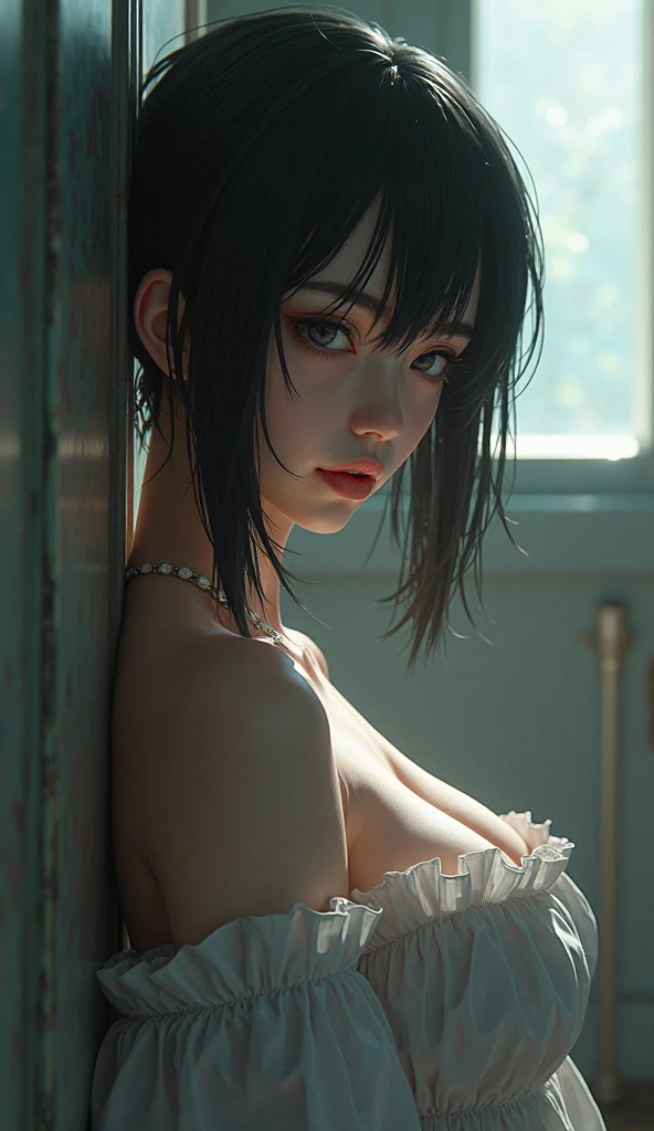 2b , showing her naked breasts, torn clothes, torn clothes, good shape 