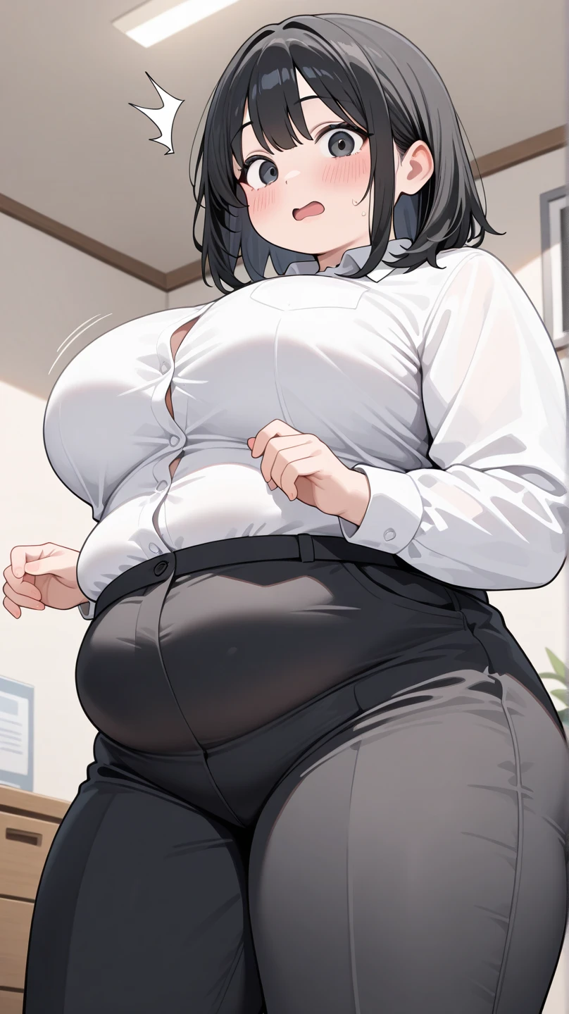 1girl, goth girl. fat. bloated. swollen belly. curvy. sitting on a gamer chair, sitting behind a desk. frowning. blushing. gothic.