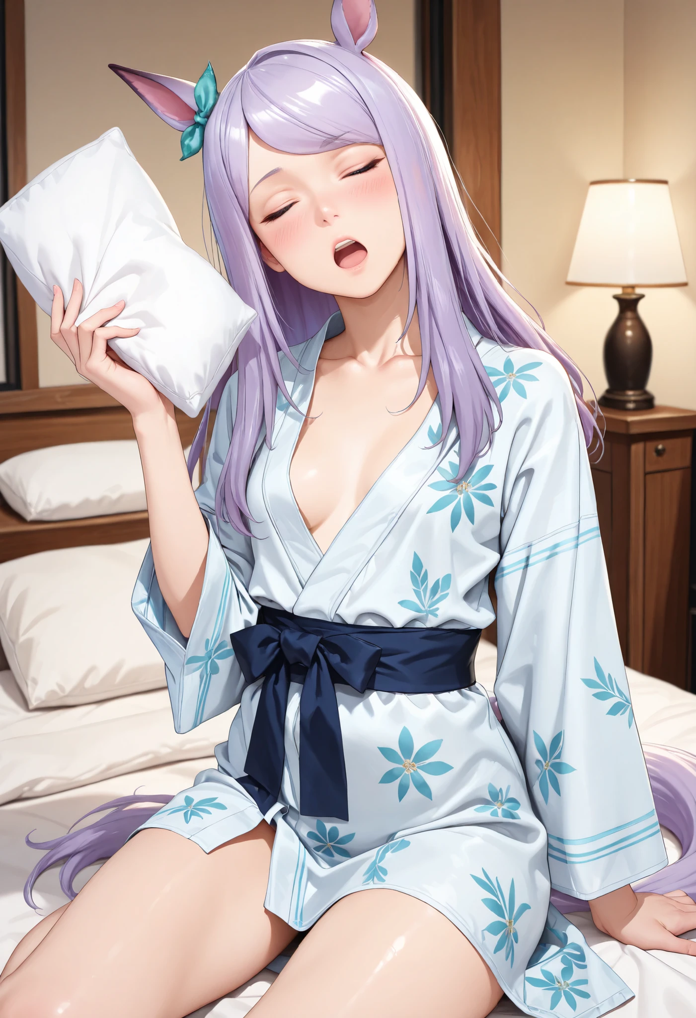 (masterpiece, best quality, perfect face:1.4), wide angle, mejiro mcqueen\(umamusume\), small breasts, horse ears, horse tail, tail on the lower back, proportional body, proportional,1 girl, beautiful hair, beautiful face, beautiful detailed eyes, beautiful clavicle, beautiful body, beautiful chest, beautiful thigh, beautiful legs, beautiful fingers, looking at viewer, BREAK, onsen yukata, indoor, onsen, ryokan, bedroom, futon, (Pillow Fight), intense pillow fight, feathers flying, bright lighting, dynamic action, cozy atmosphere, BREAK, embarrassed, blush, open mouth, laughter, one eyed closed, textured skin, realistic skin, HDR, BREAK, good hands