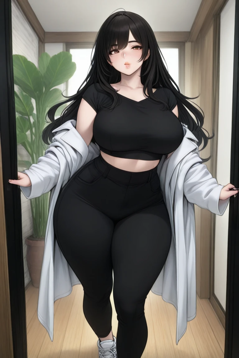 Tall height , Black hair , Long and Curly hair , black and round eyeglasses, fair skin , bit chubby , big chest , big ass , black t-shirt , black full lower , drawing on I pad
