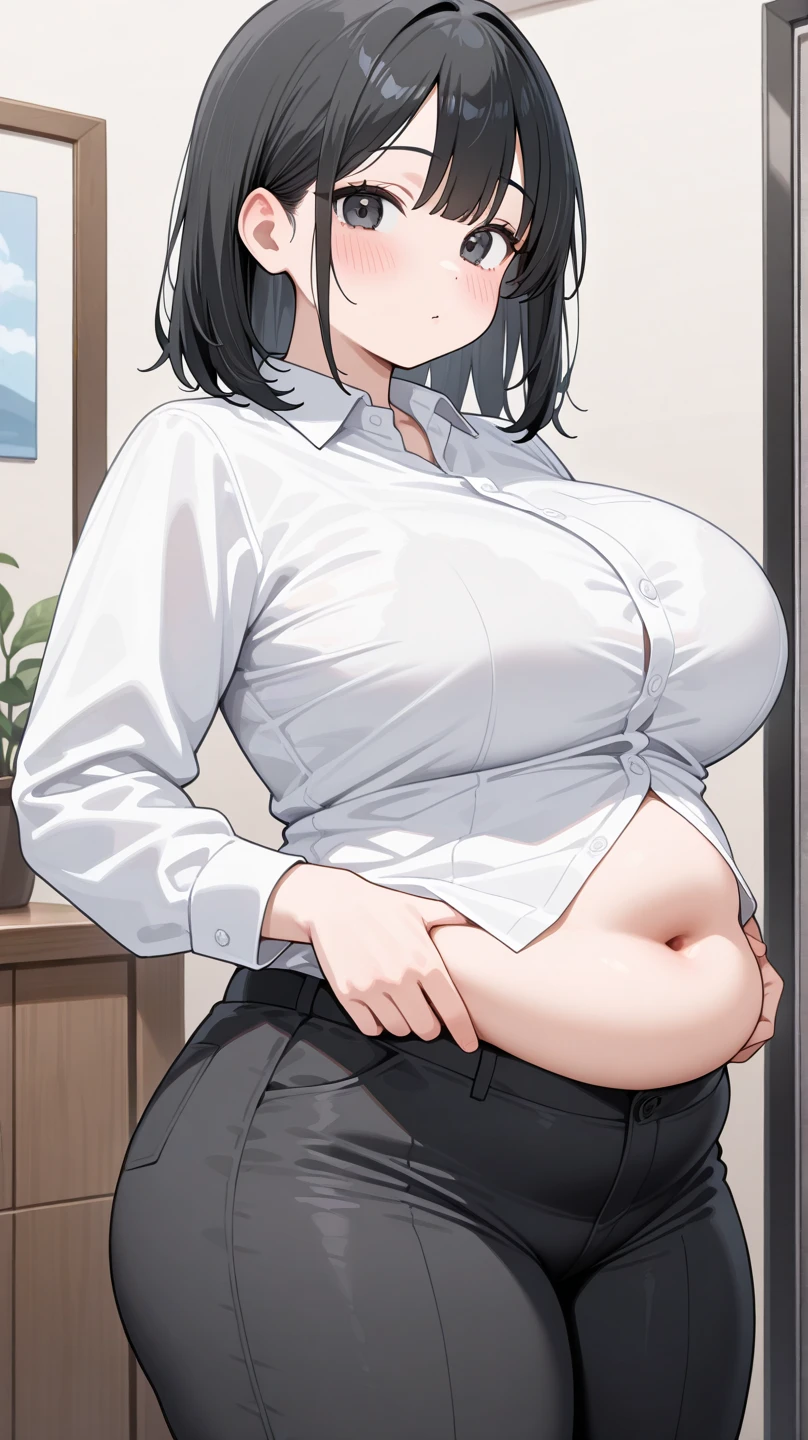 (((kipteitei art))), ((highres)),Masterpiece, high quality, best quality, beautiful, perfect lighting, detailed face, ultra cute face, ((1girl)), ((solo), medium hair, brown hair, ((fluffy hair)), bob cut, brown eyes, (((blush))), (exhausted), (sweating), out of breath, ((embarrassed)), looking down at self, employee uniform, dress shirt, belt, (((tight shirt))), ((black pants)), (((tight pants))). medium breasts, cleavage, sagging breasts, ((wide hips)), ((((thick thighs)))), pudgy, (tummy bulge), ((belly grab)), (belly pushing against shirt), thicc, long legs, supermarket,