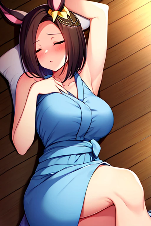 a young woman sitting on the bed wearing a backless blue short dress, eyes closed, lips parted, blushing intensely, ready to kiss
