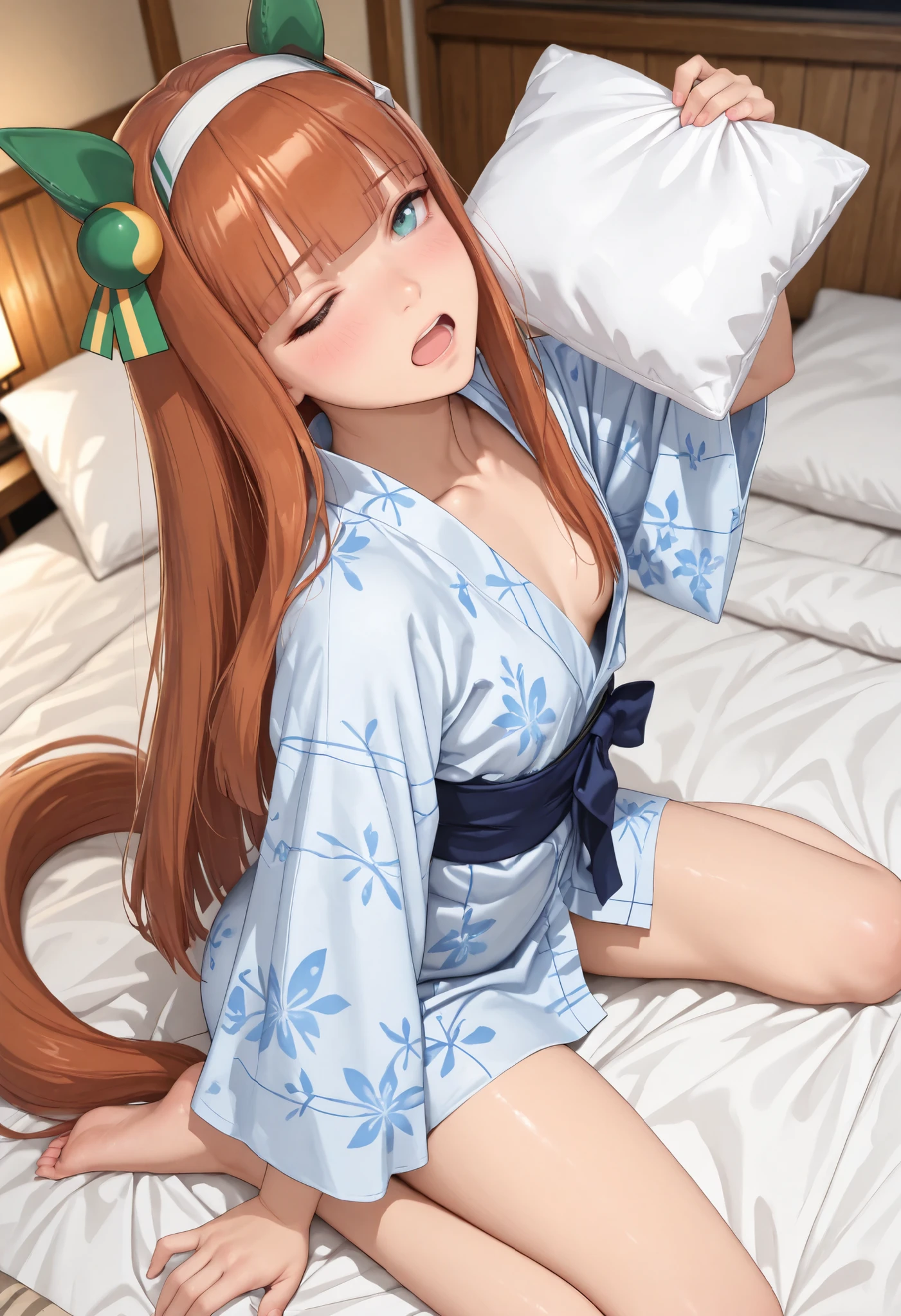 (masterpiece, best quality, perfect face:1.4), wide angle, silence suzuka \(umamusume\), horse ears, ear cover, white headband, small breasts, horse tail, tail on the lower back, proportional body, proportional,1 girl, beautiful hair, beautiful face, beautiful detailed eyes, beautiful clavicle, beautiful body, beautiful chest, beautiful thigh, beautiful legs, beautiful fingers, looking at viewer, BREAK, onsen yukata, indoor, onsen, ryokan, bedroom, futon, (Pillow Fight), intense pillow fight, feathers flying, bright lighting, dynamic action, cozy atmosphere, BREAK, embarrassed, blush, open mouth, laughter, one eyed closed, textured skin, realistic skin, HDR, BREAK, good hands