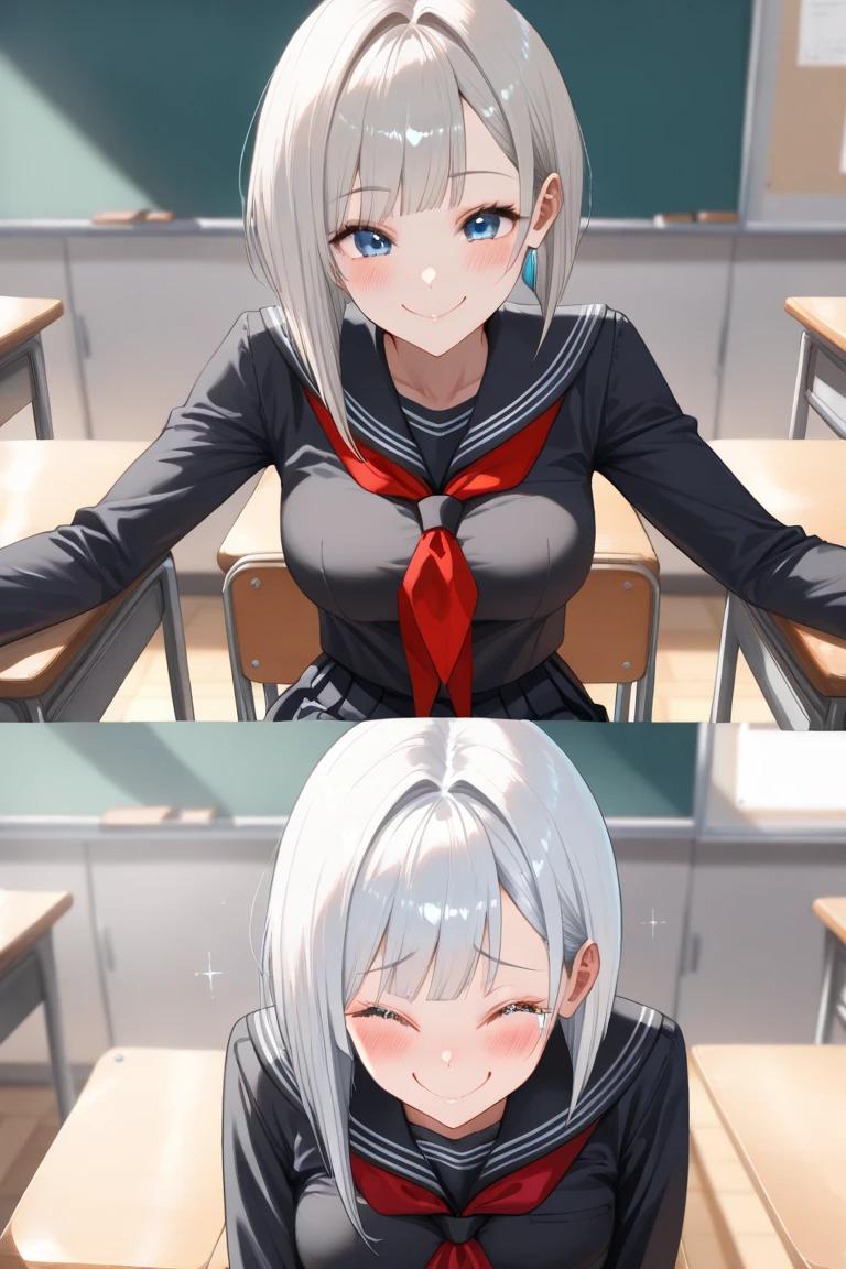 a sexy girl, white hair, in mini lingerie, in school, selfie, smile, multiple views, ray tracing, from above, fisheye, close-up, 16k, 8k, highres, best quality, award winning, high quality, high details, super detail, textured skin, anatomically correct, masterpiece
