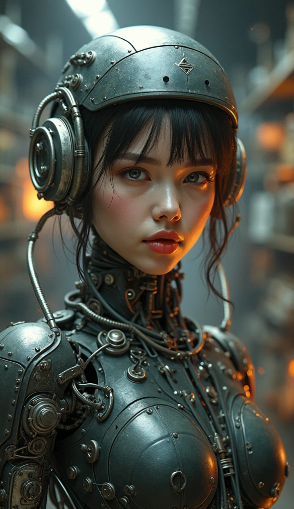 Top Quality, Masterpiece, Ultra High Resolution, (Photorealistic: 1.4), Raw Photo, 1 Girl, Black Hair, Glossy Skin, 1 Mechanical Girl, (Ultra Realistic Details)), Portrait, Global Illumination, Shadows, Octane Rendering, 8K, Ultra Sharp, Big, Cleavage Exposed Raw Skin, Metal, Detail of Intricate Ornaments, steampunk details, Matsumoto meter, vacuum tube, nixie suga, oil pressure gauge, glass tube, analog meter, gears, gears, golden hydraulic cylinder, very intricate detail, realistic light, CGSoation trend, purple eyes, glowing eyes, facing the camera, neon details, mechanical limbs, blood vessels connected to tubes, mechanical vertebrae attached to the back, mechanical cervical to attach to the neck, sitting, wires and cables connecting to the head, Gundam, small LED lamps,