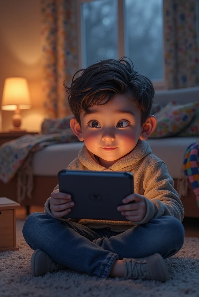 Create an image of a boy enjoying playing video games on his free fire cell phone and wearing a Peru polo shirt 