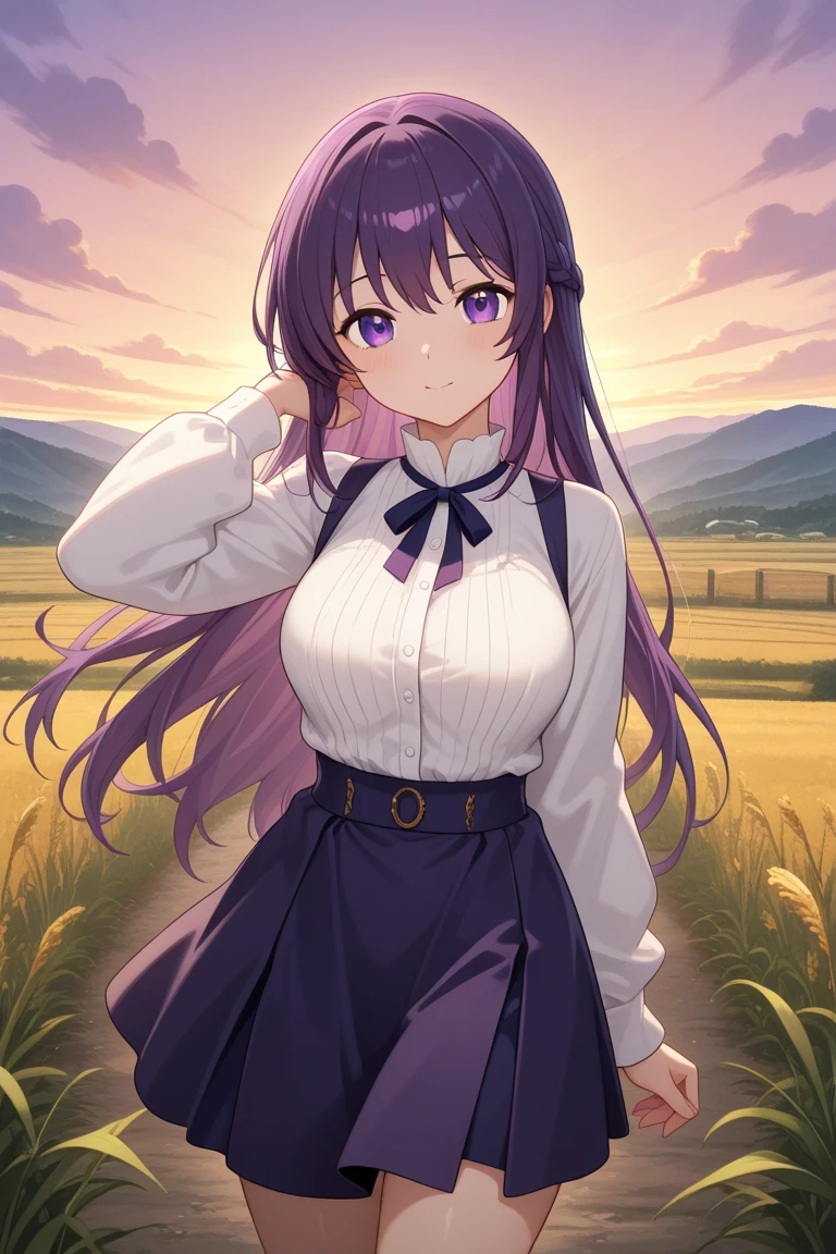 mochizuki anna,1girl in,Solo,Long hair,Purple hair,Medium chest.Ahoge,Blue eyes.Short stature.white t-shirts.suspenders.Skirt.Evening glow.the setting sun.Despair face.Sweat.Opening Mouth.up chest.Fighting stance.