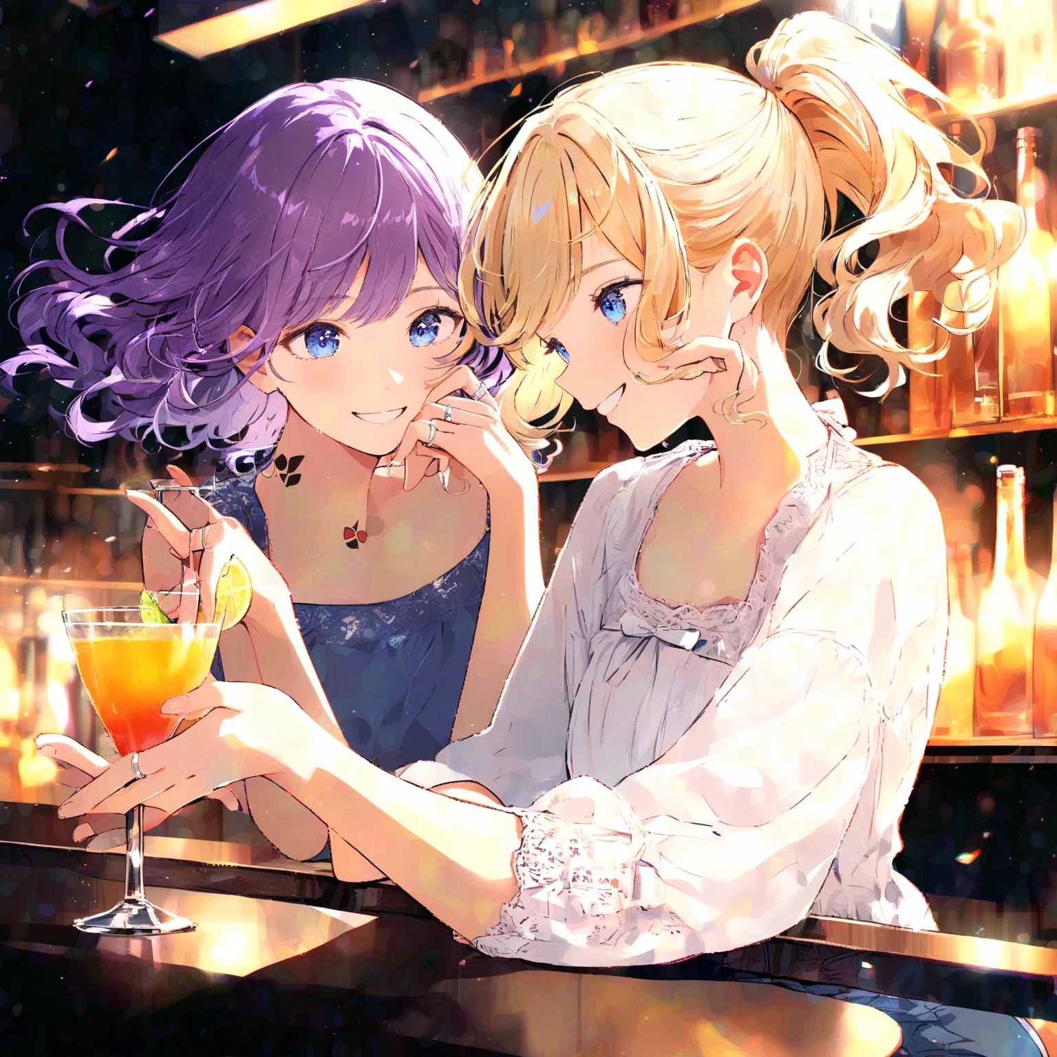 ((best quality)), ((work of art)), ((detailed)), man with short white hair, sitting at a bar table, with two women wearing white dresses, one woman with brown hair and bangs, and another woman with blonde hair.