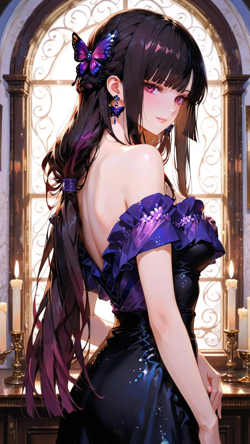 young girl, long purple hair, high ponytail, golden eyes, elf ears, Purple royal dress, open shoulders, stands with his back, Masterpiece, hiquality