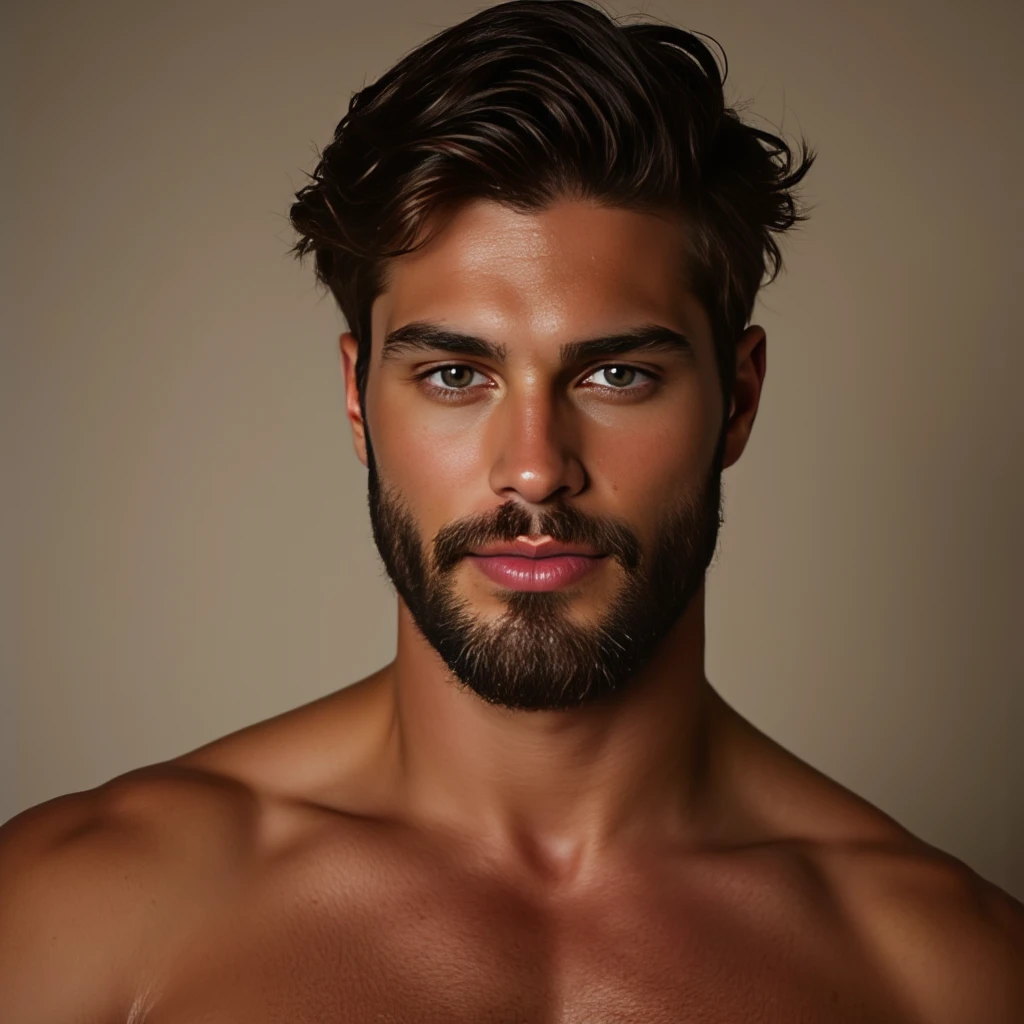 photograph of a handsome man with medium dark brown wavy hair and beard, He is naked, he is sitting sideways on a chair, leaning on a bench, professional photography, sensual gay shoot, photography with studio lighting in a dark environment, high resolution showing the penis and large pecs