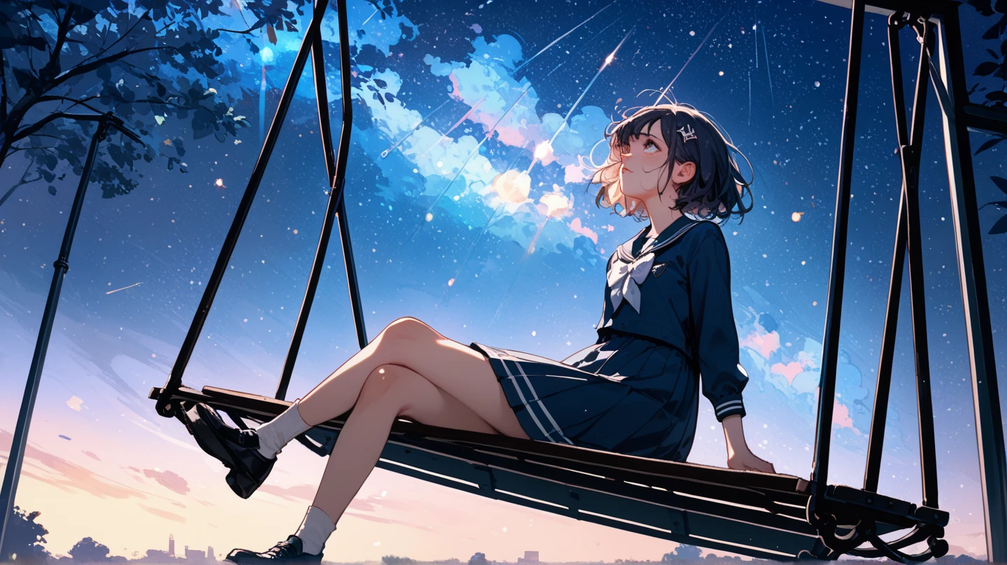 best quality, very good, 16k, Ridiculous, Extremely detailed, The tiny girl sits on the swing in the corner of the picture,Far right, Staring into the distance,coat,Short skirt, Bare legs,White socks,thin,thin legs,Attractive appearance, wind, wind-effect, Autumn Night,village,Moon night scene, Milky Way,Starry Sky,splendid,(Magnificent views:1.1) ,night landscape,the whole night sky,spectacular
