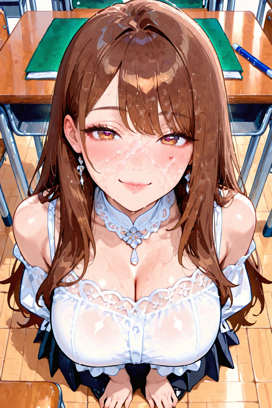 score_9, score_8_up, score_8_up, 1girl, paizuri, detailed background, night, candles, medieval, curtains, library, open mouth, collarbone, cum, penis between breasts, nipples, ((lace-trimmed bra,two-tone bra,lace bra)),cleavage, nude, lisa from genshin, (nude), wood flooring, pubic hair, from below, heart emote, skindentation, 
