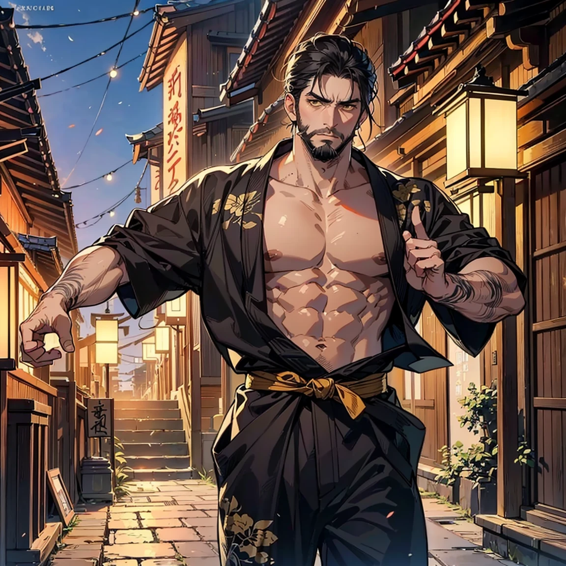 A handsome and strong Japanese yakuza 35-year-old man stands in a Japanese-style garden late at night,wearing kimonos,super short black hair,Very masculine face shape,Wide face,Trimmed neatly trimmed beard,((deep tan skin)),Healthy complexion,(((black-skinned:1.5))),Long slender figure,His body is covered with traditional Japanese tattoos,(Holding a Japanese-style short knife),It was dark, lantern,tatami floor,(((Ultra-low angle shooting))),((((high detal)))), (Full shot), (Photorealsitic,Photorealistic,photo-realistic:2), (perfect bodies), (Perfect face),(dregs:1.5), (Perfect eye), dangerous, bad-ass, Epic, ((((com rosto detalhado,Correct body structure,Correct body proportions))))