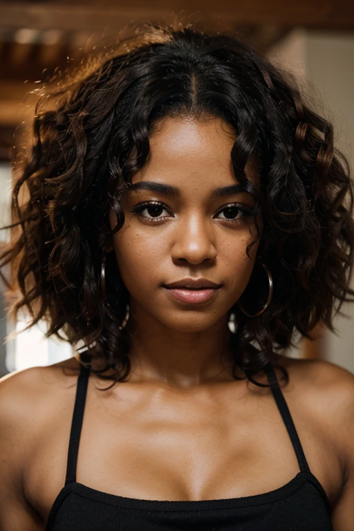 wide lense photo, night time photo, young woman 21 years old, afro hair with a shiny forehead