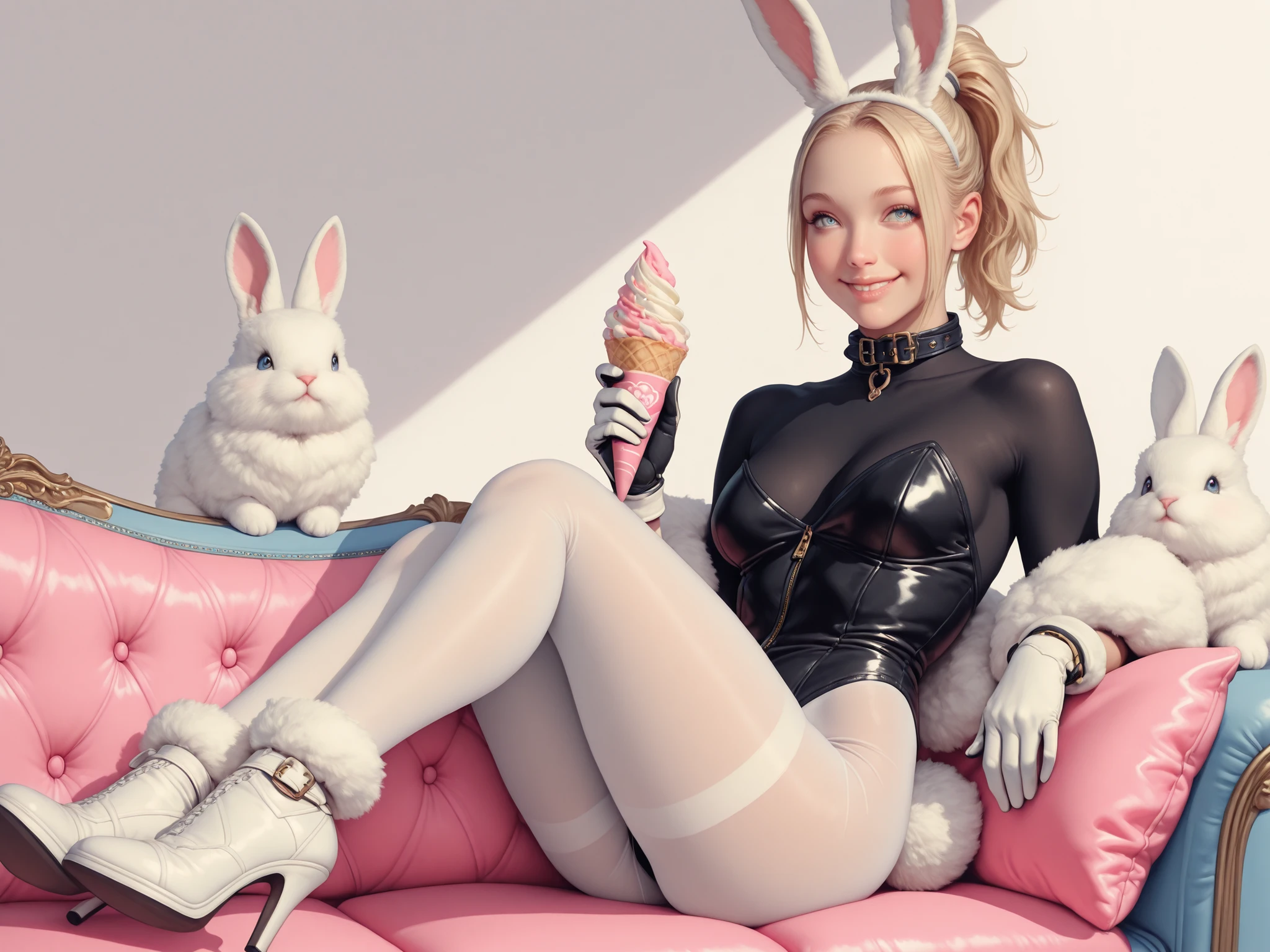 one charming and cute Bunny girl, bunny ears, blond hair with light edges, blue eyes, thin, sweet smile, high ponytail, leather collar on neck, sitting on blue couch, wearing white net pantyhose and black bodysuit and white gloves and white high heel and white fluffy bunny tail, holding a pink icecream cone, realistic,