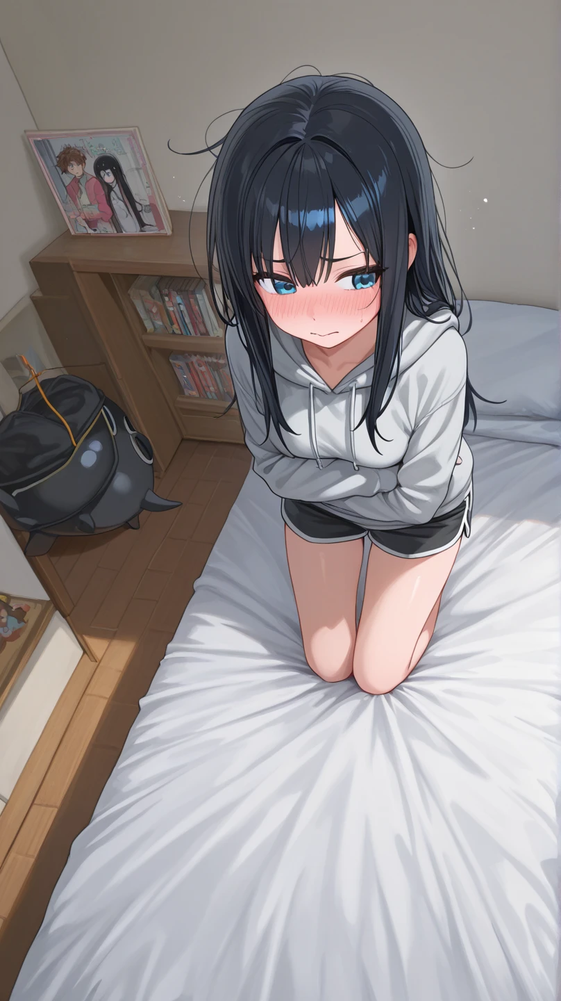 beautiful girl、Black Hair、Grey Eyeedium Hair、Plain white T-shirt、Black shorts、Jiu-jitsu Ground Technique、POV、Bedroom at night、