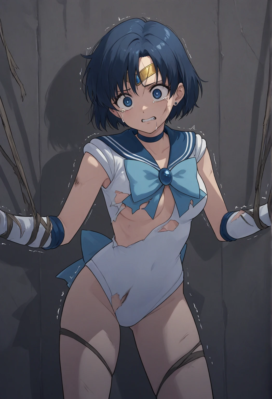 (((Sailor Saturn))), Short-haired bob cut, Purple elbow pads White long gloves, (Sailor Warriors Sailor Warriorsのコスチューム:1.479), (The leotard is made of thin, white fabric.:1.7), The collar and chest ribbon of the sailor uniform are purple., Clothing sticks to the skin, 1Female junior high school students, (blush Patience face), ((Slender figure Beautiful Skin)), Highest quality, High resolution, masterpiece, (Beautiful vagina Beautiful clitoris), (With a 30-year-old black mafia man, penis:1.4), Complete limbs, (Mating press:1.2), ((((penis enters vagina)))), (Beautiful crotch), A beautiful girl spreads her legs., ((Binding, Restrained by rope:1.4)), Sailor Warriors fuck a guy fully clothed, (((Very cute small face)))