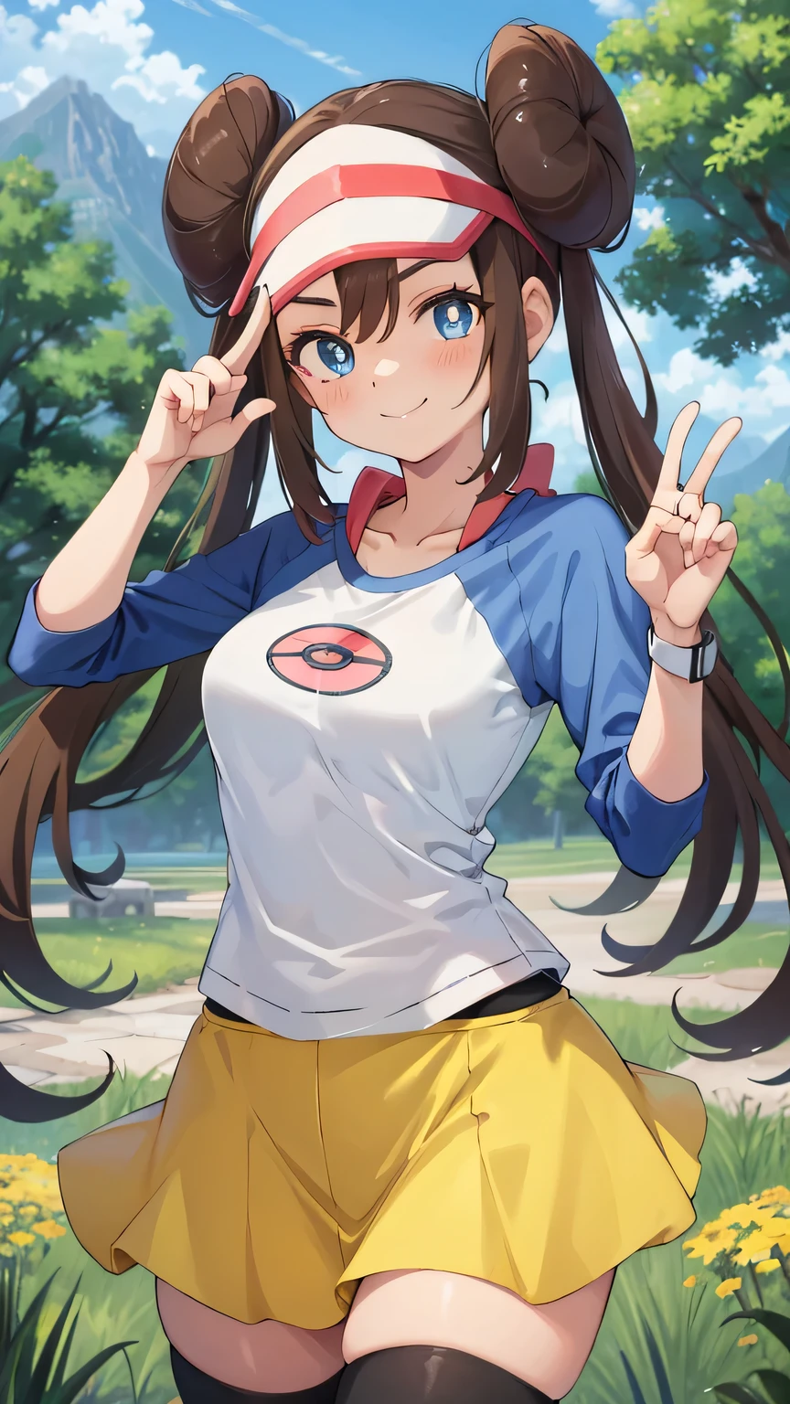 {{{masterpiece}}}, (best quality:1.5), (ultra-detailed:1.5), {illustration}, {{an extremely delicate and beautiful}}, (beautiful detailed eyes:1.6), absurdres, highres, extremely detailed face, 16k, hd, visual anime de uma jovem mulher, extremamente bonito rosto de anime, anime melhor garota, (perfect hands, perfect anatomy), (five fingers:1.3) anime face, Rosa(Pokemon), mei, cute face, brown hair, double bun, doughnut hair bun, hair bun, blue eyes, hair between eyes, twintails, medium breasts, thin waist, big hips, curvaceous, BREAK, visor cap, raglan sleeves, white shirt, blue sleeves, long sleeves, micro skirt, yellow skirt, black pantyhose, thighs, zettai ryouiki, BREAK, salute, two-finger salute, smiling, one eye closed, happy smile, flushed cheeks, standing, posing, outdoor, mountain, forest, flower garden, (bust shot:1.3)