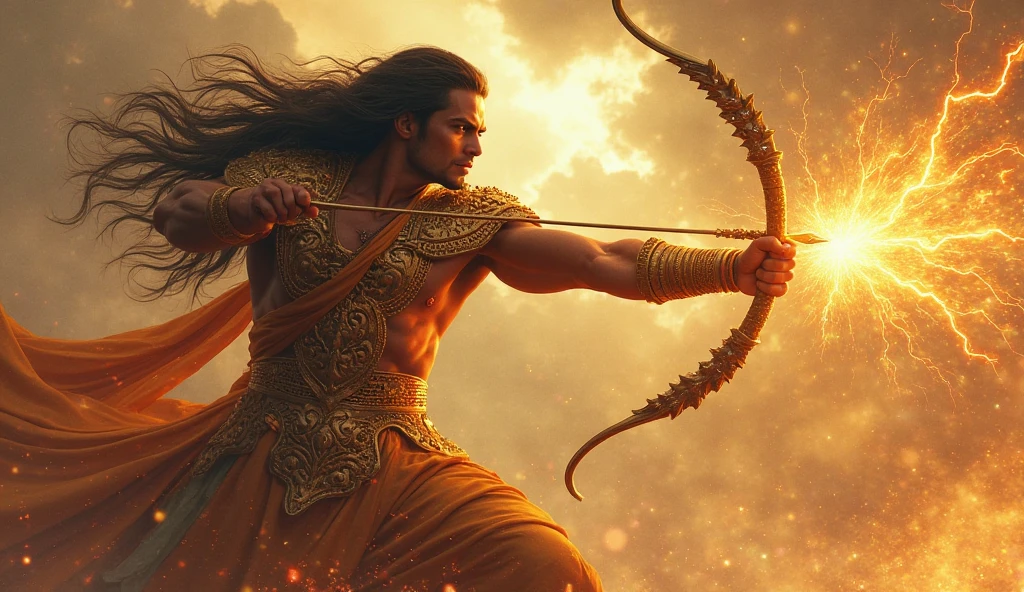 “A highly realistic and cinematic digital artwork of Arjuna from the Mahabharata, depicted in the heat of battle on the cosmic battlefield of Kurukshetra. Arjuna is seen aiming his divine arrow with unwavering focus, his muscular arms pulling back the glowing string of his legendary Gandiva bow. His eyes are sharp, filled with determination and a deep sense of duty. He is adorned in shining golden armor that reflects the light of the surrounding cosmic energy. The battlefield around him is vast and otherworldly, with cosmic elements like swirling galaxies, stars, and nebulae blending into the horizon, symbolizing the epic scale of the battle. Arjuna’s feet are firmly planted on the ground, with dust and energy swirling around him, emphasizing the intensity of the moment. The sky above is dark with stormy clouds, but beams of divine light break through, illuminating Arjuna as he prepares to release his arrow. In the background, you can see faint outlines of chariots, warriors, and celestial beings, adding to the grandeur of the scene.”