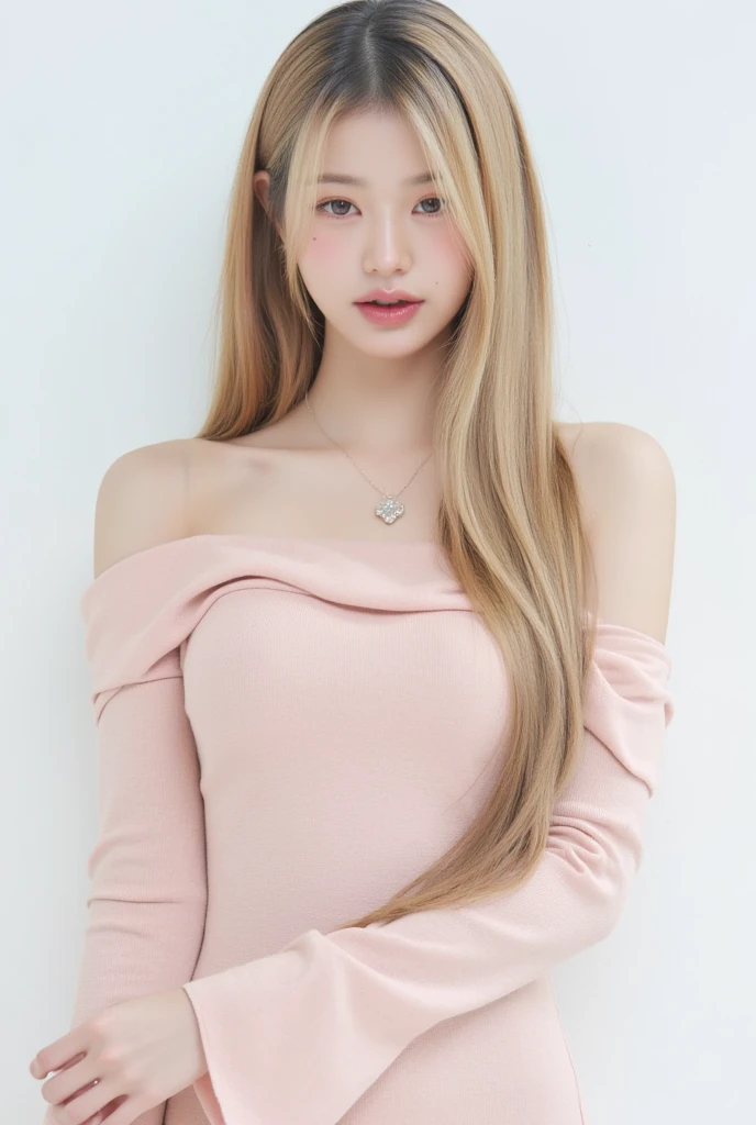 (Best quality, masterpiece, detailed), (RAW, 4k, hd images), 1 girl, 17 years old, white skin, long hair, ponytail, layers hair, long bangs beetwen the eyes, bright and dazzling blonde hair, beautiful girl, cute girl, sweet girl, pretty girl, perfect girl, perfect body, pretty eyes, blue eyes, thin lips, eye line, lip pink soft, huge breast, simple background, smile, thigh, legs, off shoulder sweater, pants, full body, modeling pose, free style pose, random angle capture