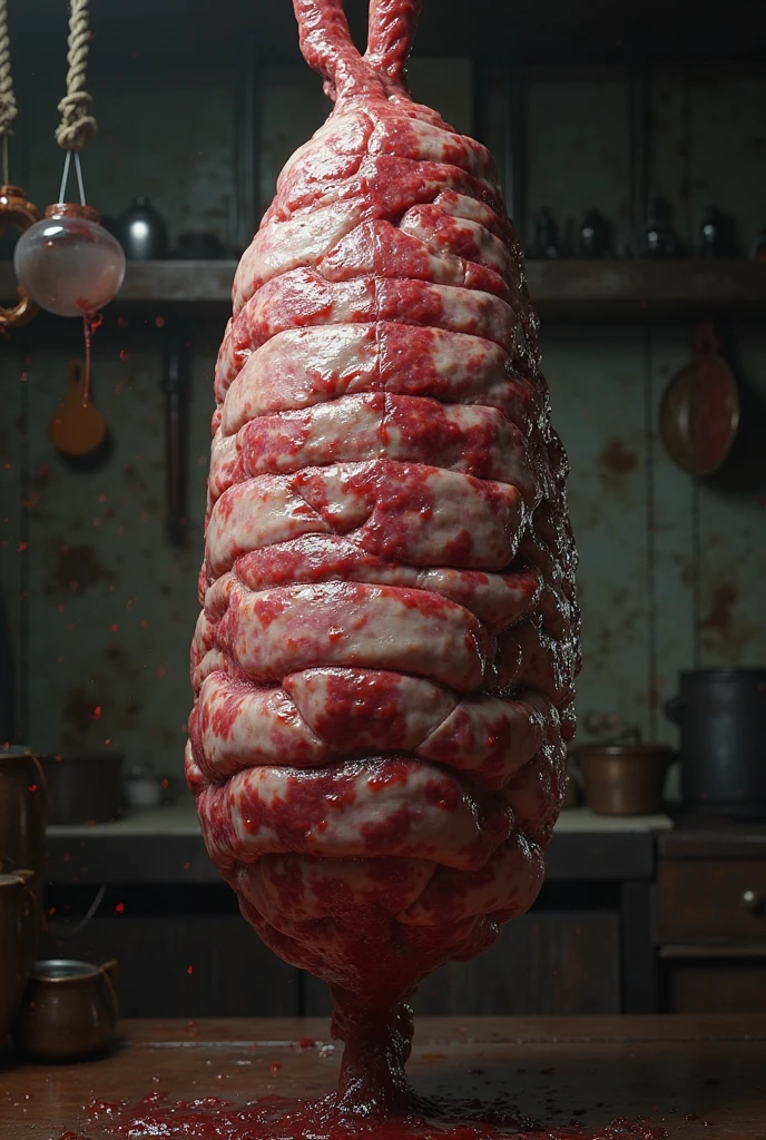 masterpiece,best quality, ultra detailed,highres,high-resolution,4k,4k portrait,8k,8k portrait,unity 8k wallpaper,extremely detailed CG,unity 8k wallpaper,realistic,RAW photo,real person, portrait photography,photorealistic,shiny skin,detailed skin,
Two men and a woman are trying to carve a huge strange lump of meat with a knife and fork on a plate on a small table in a fine restaurant in Provence, France, the man is wearing a casual white collar shirt, the woman a summer dress, it is night and dark outside, the restaurant is lit by electric lights hanging from the ceiling, illuminating the man and woman in the darkness. A large amount of blood is pouring from the lump of meat on the table, running from the table to the floor, and the man and woman are covered in a large amount of blood on their clothes,30 for men and 26 for women,Men and women smile and chat and look at the mass of flesh,(The room is filled with large chunks of meat, like dinosaur meat:1.3),
Stylish restaurant, big plates, (Huge chunks of meat:1.7), bottles of red wine, wine glasses, men and women sitting on chairs,Blood,Clothes with blood,(smil:1.5),teeth,(dark room:1.5),
close-up portrait,
<lora:BodHor-V1:1>,disgusting body horror creature meat, <lora:reelhorror2:1> reelhorror, blood, humanoid, tentacles, creature, monster, dismembered,