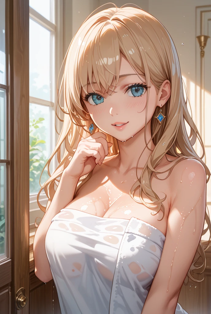 masterpeace, high quality, 8K,HDR,detailed face,young woman,full breasts,cleavage,happy,natural makeup,blue eyes,pale skin,shiny skin,bangs,long hair,straight hair,blond,white lace lingerie,cowboy shot,from front,looking at viewer,mediterranean bathroom,