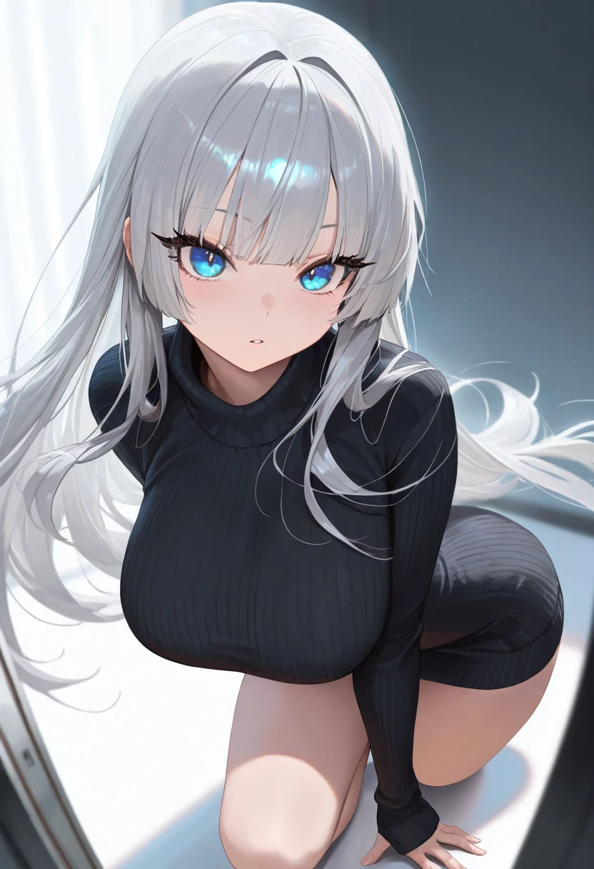 Highest quality、Best image quality、masterpiece、Highest quality, Very detailed,,One person, alone,short_hair,とてもbig_chest, White_hair, chestの谷間,full_body, blue_eye, black_ニーソックスblack_hoodie,Moe sleeves.blue_horn,とてもbig_Thighs,,Huge_chest, Face close-up,Huge_chest,big_chest,