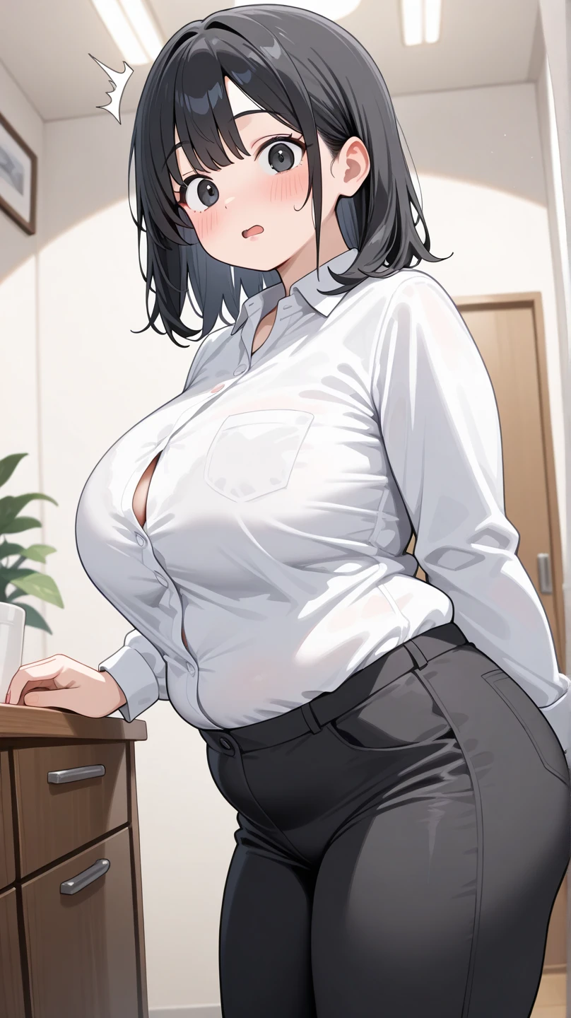 , ((High resolution)),masterpiece, high quality, 最high quality, beautiful, perfect lighting, detailed face, super cute face, ((1 girl)), ((alone), short brown hair, fluffy hair, embarrassed look, ((blush)), looking at the viewer, ((Forehead))、:d、parted bangs、asymmetrical bangs、put your hand on your waist, standing in office, (office), daytime, dress shirt, pencil skirt, (tight clothes), (Chubby), (thigh height), (wide hips), ((thick thighs)), huge breasts, cleavage, perky chest, 24 year old female,silver acceptor