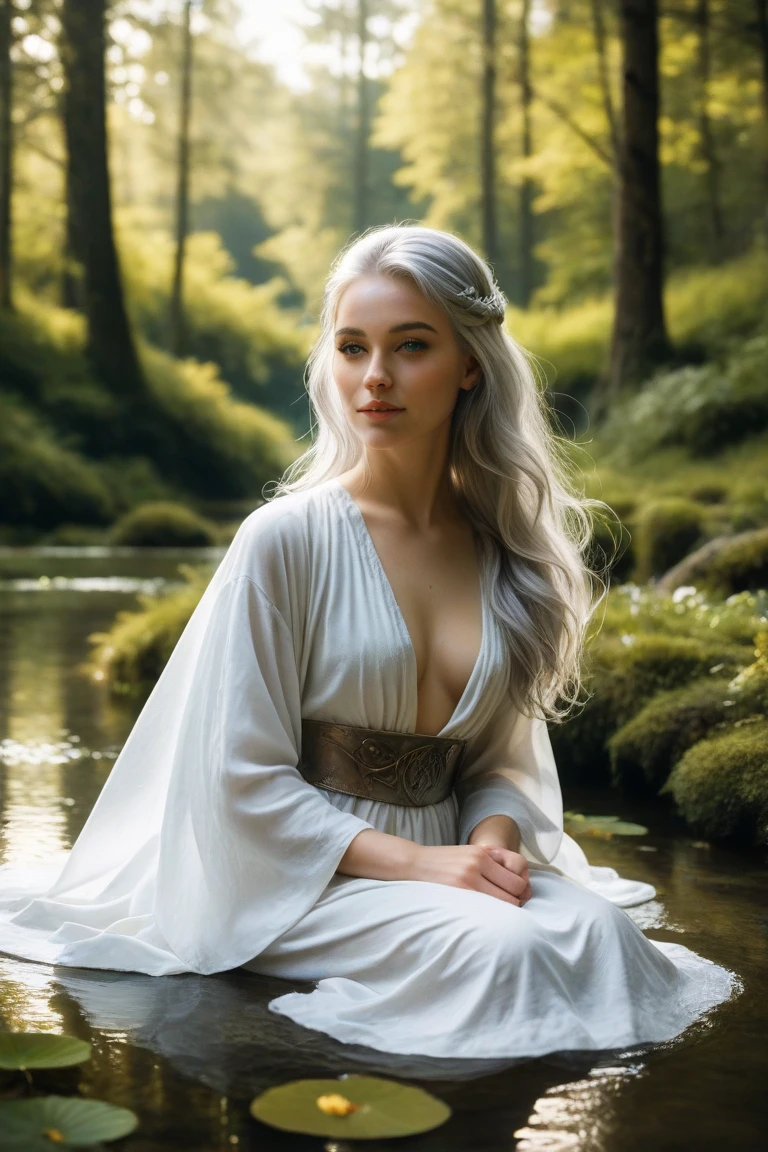 NSFW、hightquality、high-level image quality、hight resolution、a picture、Perfect human body structure、1 Beautiful Girl、full bodyesbian、A sly smile、elvish、Crystal clear silver hair、fullnude、White and thin silk robes disheveled、Wet and snugly attached to the skin、Open crotch、Forest with springs、Pose Seductive