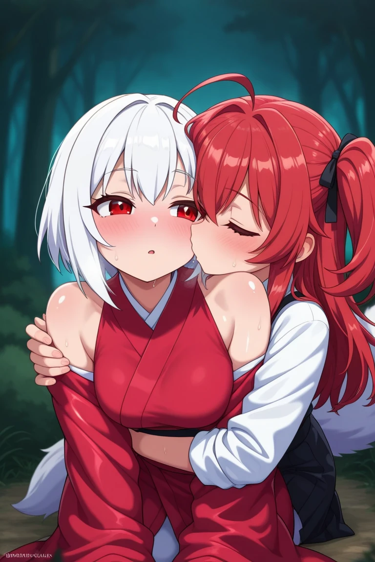A short red-haired girl and a long-haired silver-haired girl. Green eyes. Vampire. Tongue. Kiss. Blush. Big breasts.