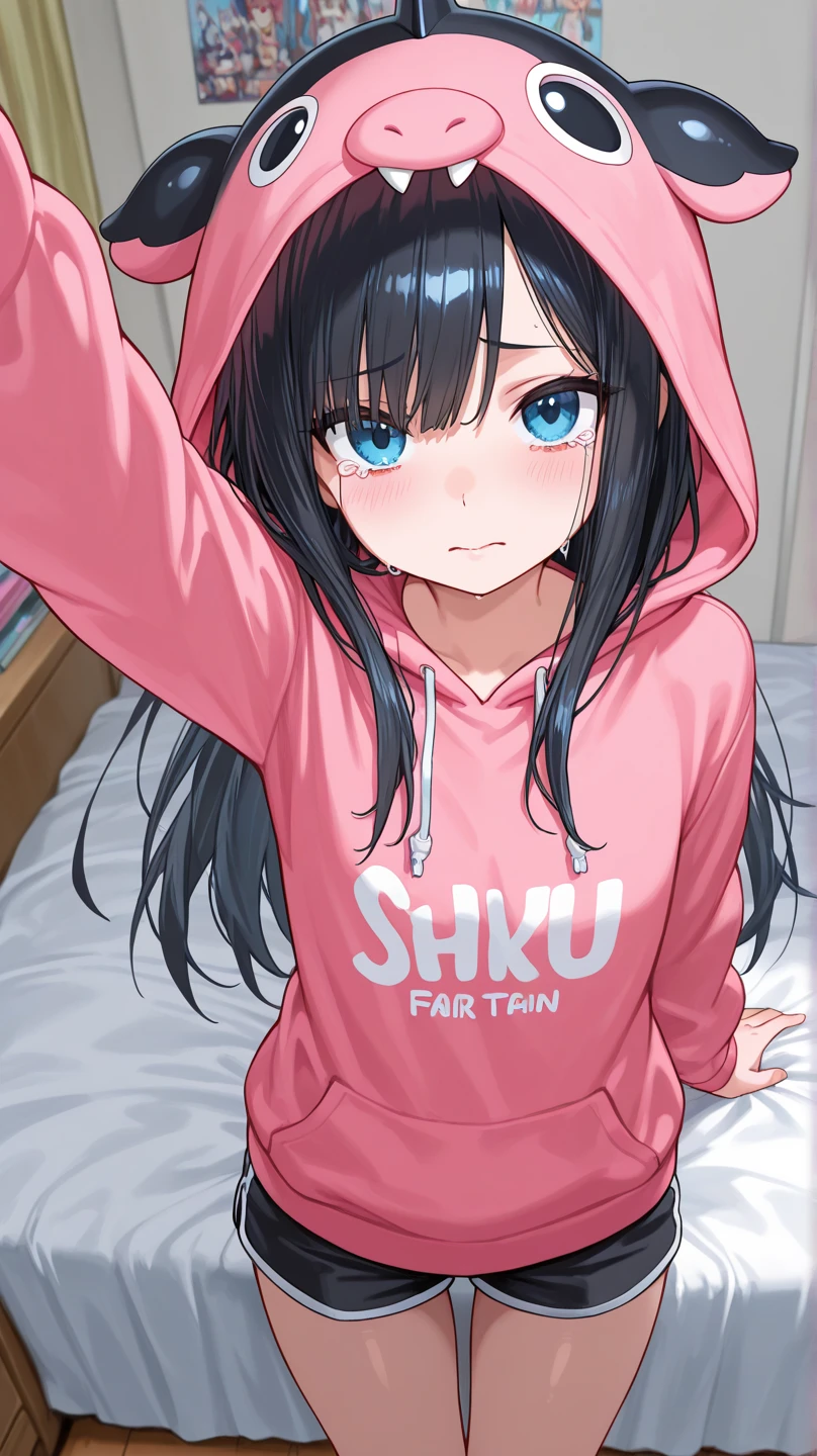 (((slightly big breasts))), ((best quality)), ((masterpiece)), (detailed), (((perfect face))), (((slender 16yo teen girl wearing teal zip hoodie))), (((gray sweatpants))), ((brunette, dark brown hair)), ((long wavy hair)), (((green eyes))), ((slight smile)), ((blushing:1.5)), (((laying on bed)))