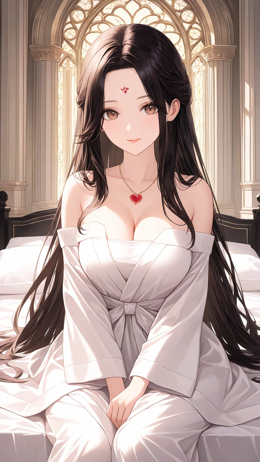 long hair, black hair, medium breast, slim legs, happy, white pajamas, cleavage, bedroom, short skirt, rin tohsaka, twin tail, laying