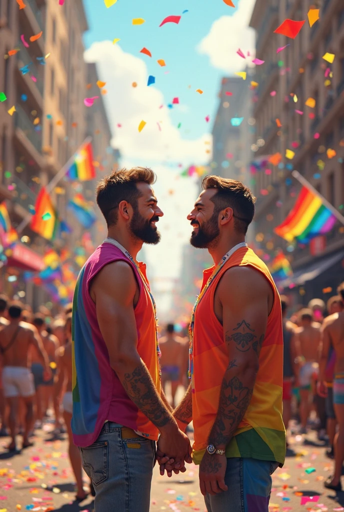 Macron kissing Gabriel Attal with rainbow flags in the background while both are shirtless