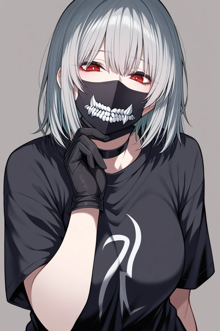 A young woman with white hair and red tips, a vampire, vampire canines, blue eyes, eye patch, short hair, female physique, Discord PfP, fantasy, vampire,long canines, rice teeth