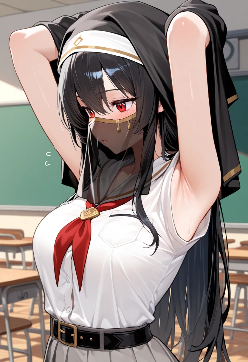 suzunehorikita, suzune horikita, long hair, black hair, (red eyes:1.3), hair ribbon, braid,
BREAK bow, , jacket, bowtie, blue bowtie, blazer, (red blazer:1.5), skirt, white skirt,
BREAK indoors, classroom,
BREAK looking at viewer, (cowboy shot:1.5),
BREAK (masterpiece:1.2), best quality, high resolution, unity 8k wallpaper, (illustration:0.8), (beautiful detailed eyes:1.6), extremely detailed face, perfect lighting,shoes, extremely detailed CG, (perfect hands, perfect anatomy),bound with an excessive amount of ropes), (bound wirsts), (arms behind back), (tapegag, tape gag), dramatic, (looking at viewer), (detailed pupils:1.3)
masterpiece, (best quality), perfect eyes, bound, bondage, (arms behind back:1.4), bdsm, tape gag, rope, rope bondage, close-up, restrained,curled up, best anatomy, full body, standing
