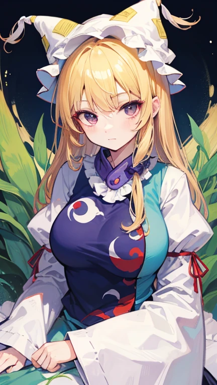masterpiece,Highest quality,1 Girl,alone,Pokémon-like art style, (gigantic breasts:1.5), MORIYA_SUWAKO_TOUHOU
BLONDE_HAIR, HAT, RIBBON, HAIR_RIBBON, VEST, SMILE, YELLOW_EYES, BANGS, RED_RIBBON, BROWN_HEADWEAR, PURPLE_VEST, SIDELOCKS, SHORT_HAIR, was surprised to see breasts