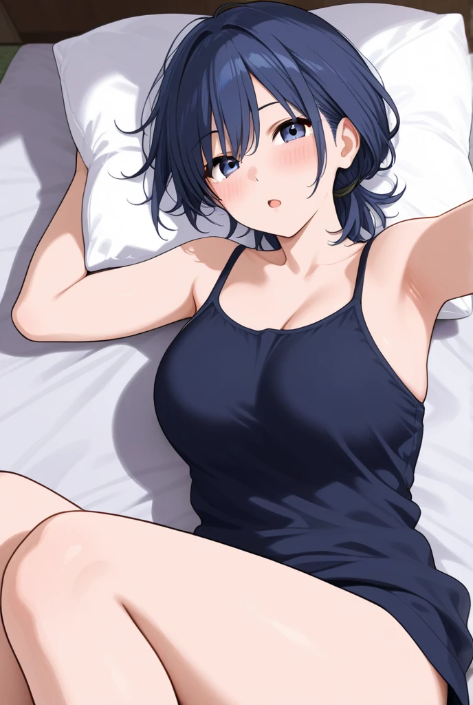 (Solo boy:1.3),(fullbody),messy hair,(disappointed:1.3),embarrassed,show teeth,tearsdrop,lying on the bed,(before sex), Highest quality, High resolution, remu Suzumori,short bob cut hair,black White border stripe bra and Panties, (flat chest:1.3),Detailed face,oily shine skin,bulge penis inside Panties,spread legs,focus on navel,Looking away