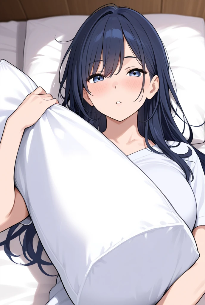 Lying in bed, 24-years-old, Huge breasts, soft, Sweat, long black hair, Straight bangs, Full body illustration of a blue-eyed girl, Embarrassed, cum in pussy