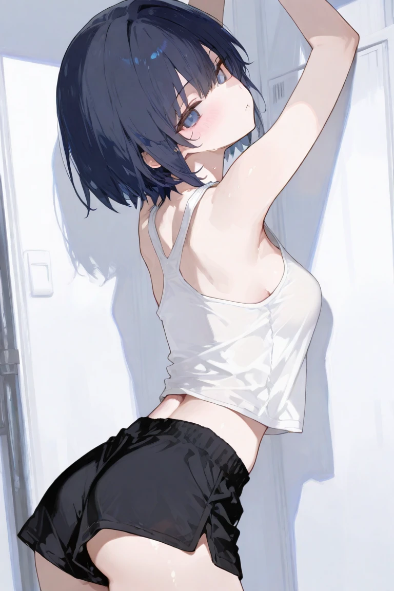 ((bed room)), (((night))), (((darkened room))), teenagers girl, one girl, thighs, (sweat), (wet skin), ((erotic)), ((sensual)), ((Wall background)), ((simple background)), warm color scheme, Extremely exquisite body, beautiful detailed glow, cinematic lighting, 4K illustration, masterpiece, best quality, by top artist, by famous artist, by plo artist, (((cool girl))), (((expressionless))), ((black eyes)), (indifferent girl), (((gym uniform))), (white gym shirt), (((gym buruma(dark Blue)))), (see through shirt), (wet shirt), ((((standing upright)))), ((((on side)))), ((bob cut hair)), (black hair),