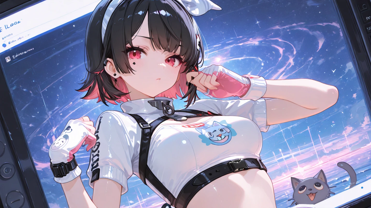 Anime, girl, teenage, hime-cut, short hair, black hair, red eyes, cool, , earrings, night, highlights pink under hair, big boob, night towns,