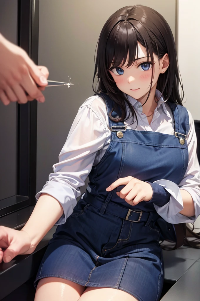 30 years old,1 mature woman,hyperrealistic, 8k, (extremely detailed 8k), (very delicate and beautiful), (masterpiece), (better quality:1.0), (ultra high resolution:1.0), (masterpiece, best quality),cute,black hair,big breasts,ponytail,POV,overalls,full body