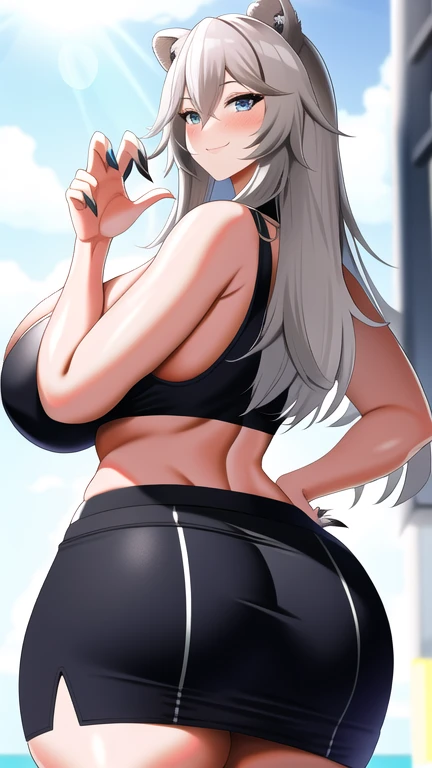 Super detailed、highest quality、Best image quality、masterpiece、8K、Anime Face、A kind smile、Open Mouth、Sparkling Blue Eyes、Blonde Curly Hair、Wearing a hair band、(SFW huge body)、(((Rear view)))、Cowboy Shot、(Wearing a white thong:1.5)、Muscles of the whole body、Crouching、Place your hands on your hips