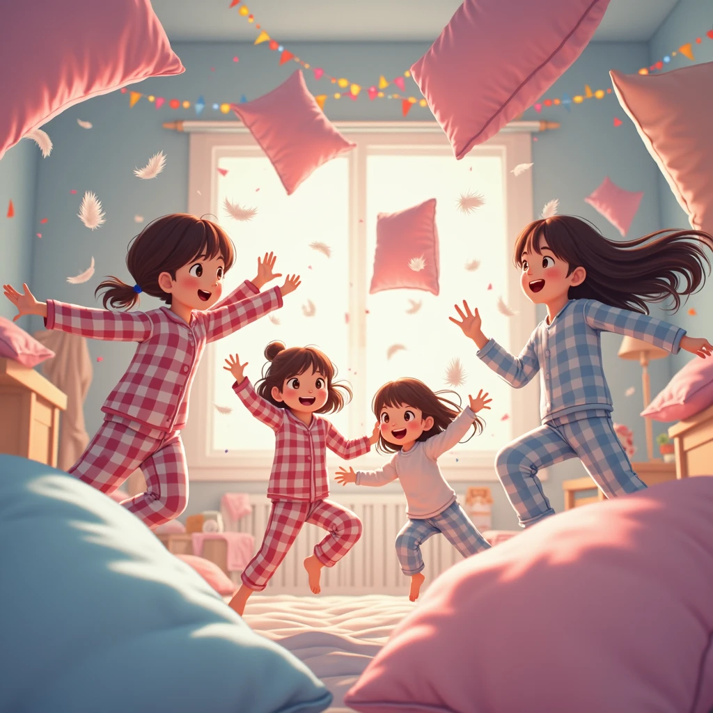 Italy. A highly realistic scene of two Italian sisters, one 15 years old, small breasts, and the other 9 years old, flat chest, playing on a bed in a cozy, well-lit room. The older sister, dressed in shorts and a t-shirt, sits on the bed, with a joyful expression as she looks directly into the camera, capturing the moment. Her hair is tied loosely and she wears a bright smile. The younger sister, also in shorts and a T-shirt, is in the midst of laughing as she playfully jumps or bounces on the bed, her hair flying in the air. The bed is covered with a soft colorful quilt and a mix of soft toys scattered here and there. The backdrop shows a warm, welcoming room with personal touches like a bookcase with books and toys, some framed photos on the walls, and a window that lets in natural light. The atmosphere is full of fun and sisterly affection, highlighted by the older sister's lively interaction and direct involvement with the camera