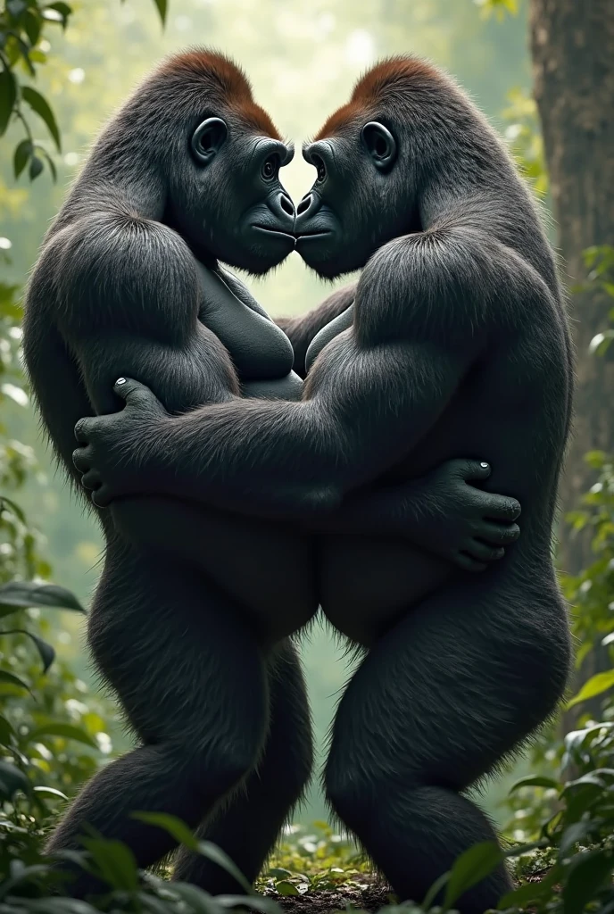 two gorillas、black dripping slime body、kiss while hugging each other