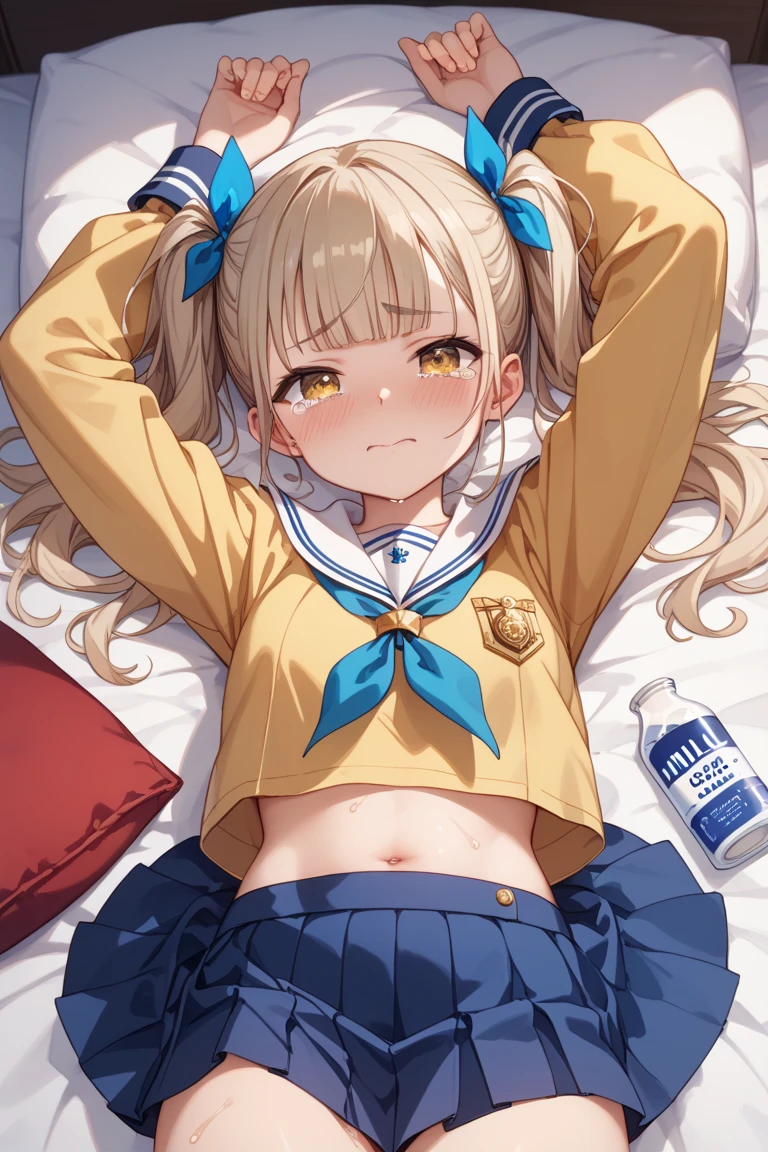 A gorgeous 15-year-old blonde Japanese girl wearing a super shiny navy blue latex long-sleeve sailor uniform. She spreads her hairy pussy covered in white slime She is pregnant