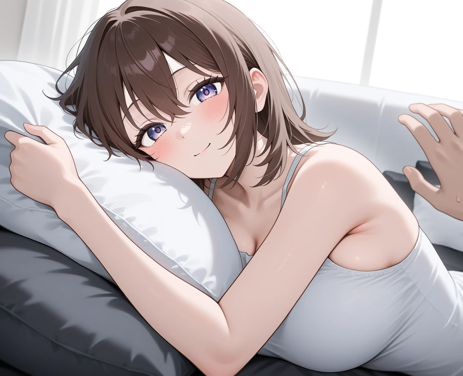 Adult female, mature, very short shaggy brown hair, wolf cut style hair, brown beanie, brown eyes, baggy hipster clothes, tanktop, colorful hipster room, chill demeanor, nonchalant, neutral expression, one blue feather earring, leaning back on bean bag, holding lighter, fully clothed, highly detailed, specific detail, perfect detail, perfect eyes, perfect hands