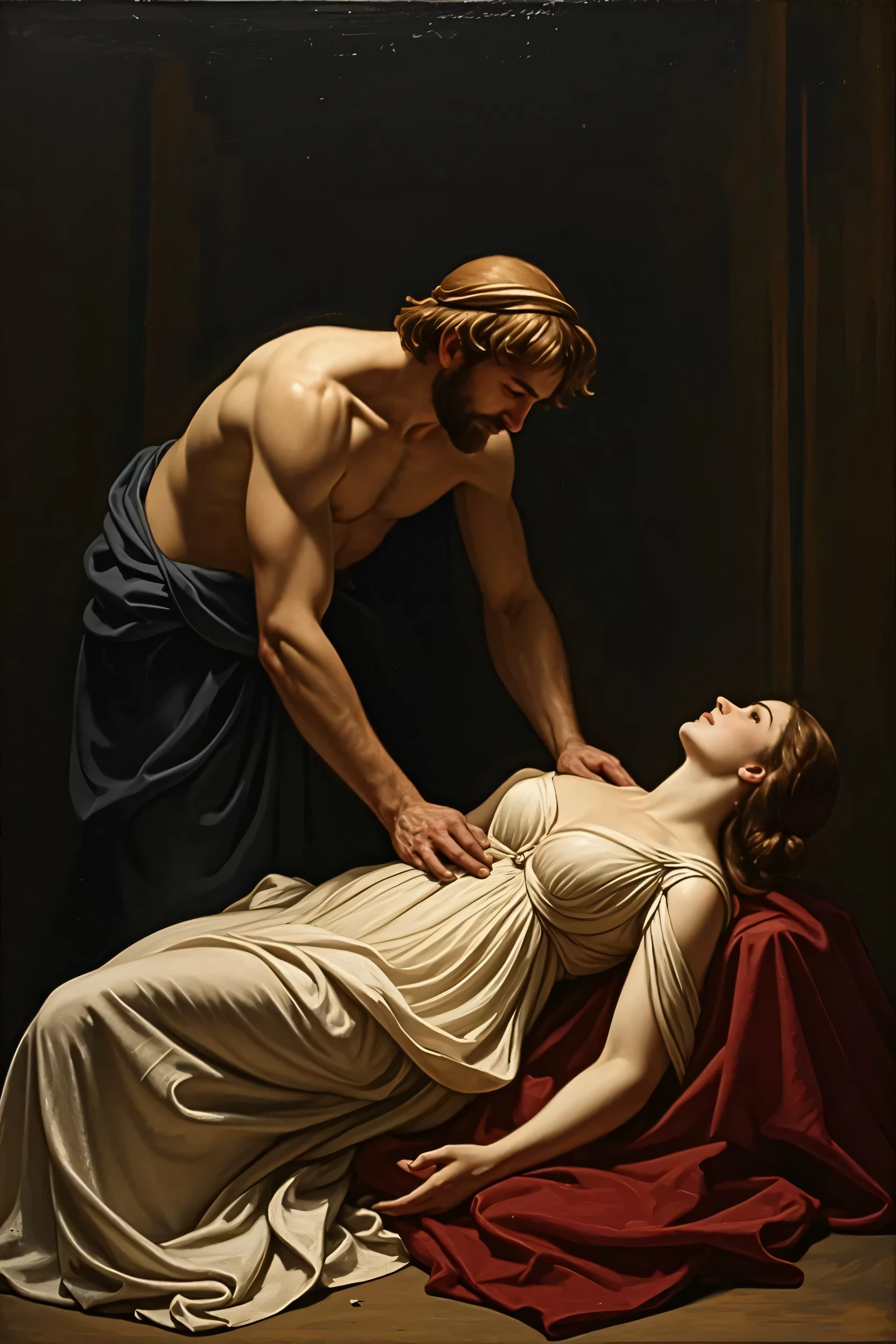 King Jacearys velaryon lying ( mosular chest and gorgeus henry collet ) dead in a biger pool of blood with a dagger in his heart with out a shirt and his lover crying ( show everything  with a dagger STABBED in his heart) and his younger son with him ( prince jacearys is STABBED IN THE HEART / CHEST NEAR THE HEART WITH A DAGERR GET ALL details )
